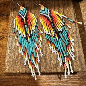 Elegant Navajo Seed Bead Dangle Earrings with Orange Turquoise, Gift-Boxed